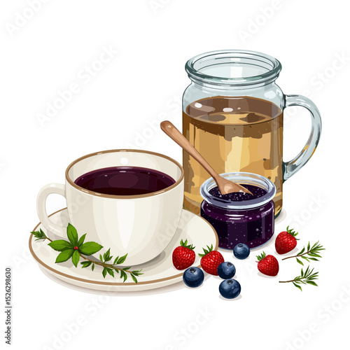 Fresh herbal tea with fruit preserves and berries on a plate  