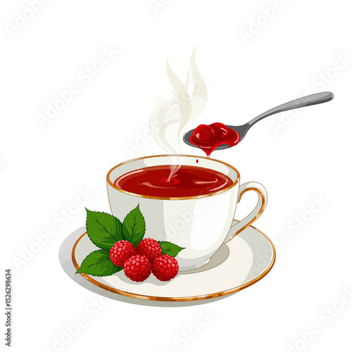 Hot tea with raspberry jam and fresh raspberries on a saucer  