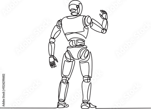 continuous single line drawing of a humanoid robot viewed from behind with mechanical details in a technical industrial style