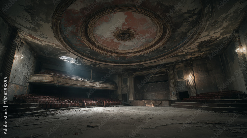 Obraz premium Derelict theater with peeling paint and faded ceiling art, haunting silence theme