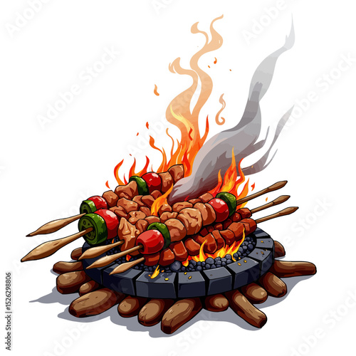 Grilled skewers with meat and vegetables cooking over an open fire  