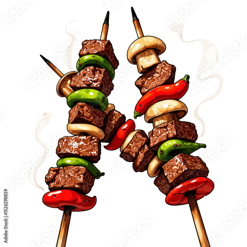 Grilled kebabs with meat and vegetables on skewers with steam  