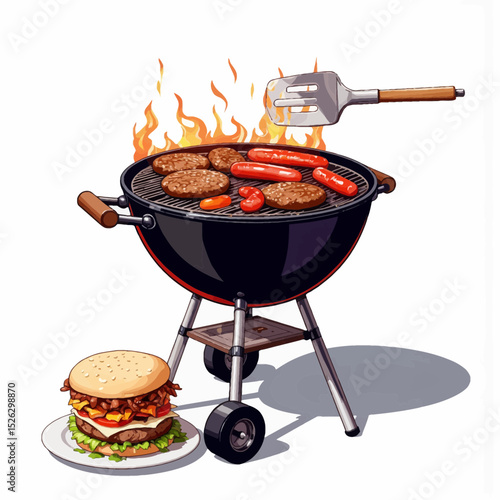 Grilling burgers and sausages on barbecue with flames and spatula  