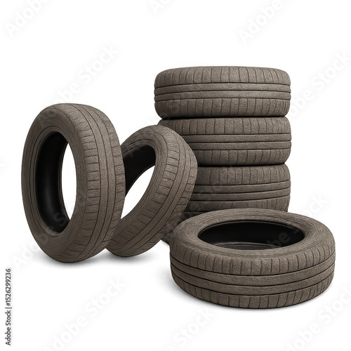 Tire Stack: A studio shot presents a neat arrangement of car tires, offering a straightforward view of automotive parts and the concept of mobility. 