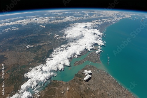 Aerial View of Earth's Coastal Landscape with Clouds and Water
