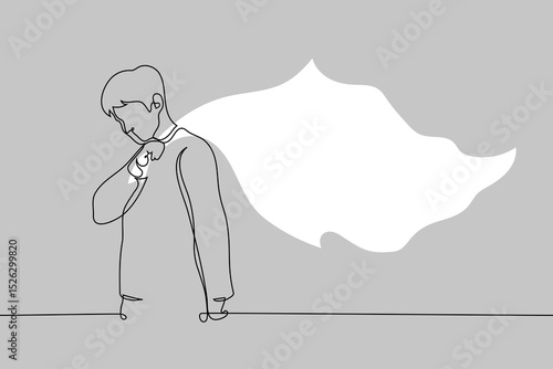 man holding a corner of a large white flag waving behind him - one line art vector. concept man white flag - constant compromise in a relationship, capitulation