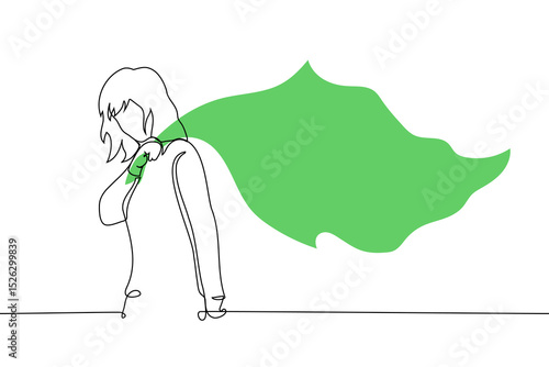 woman holding a corner of a big green flag waving behind him - one line art vector. concept woman green flag, suitable female partner for healthy relationship or eco activist