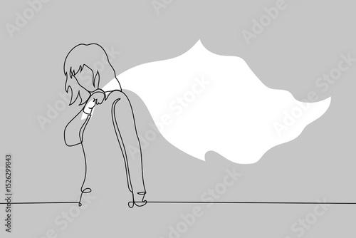 woman holding a corner of a large white flag waving behind him - one line art vector. concept woman white flag - constant compromise in a concession in a relationship, capitulation