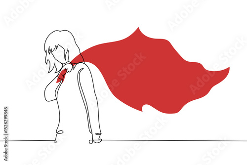 woman holding a corner of a big red flag waving behind him - one line art vector. concept woman red flag, dangerous partner for a relationship, euphemism for menstruation or socialism and communism