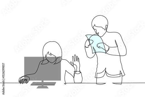 woman boss and man subordinate - one line art vector. concept woman busy at computer put her hand in STOP gesture for man approaching her with documents