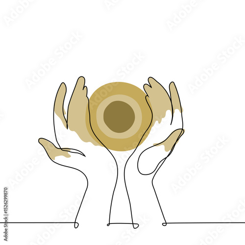 female hands molding a clay pot top view - one line art vector. concept art therapy, pottery, master class, crafting