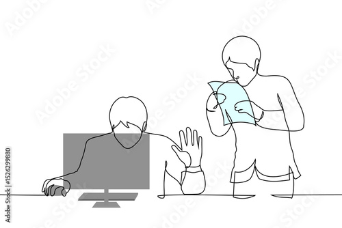 male boss and subordinate worker man - one line art vector. concept man busy at computer put hand in STOP gesture for male employee approaching him with documents
