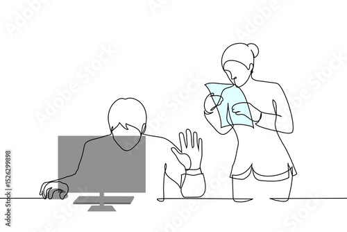 male boss and female subordinate - one line art vector. concept man busy at computer put hand in STOP gesture for female employee approaching him with documents