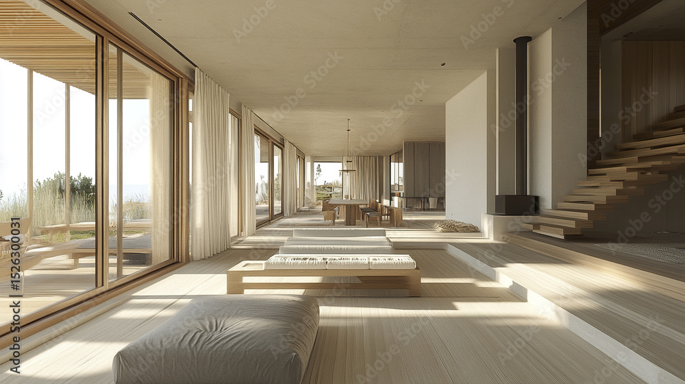 Fototapeta premium spacious minimalist interior featuring clean white walls, warm wood accents, and large windows