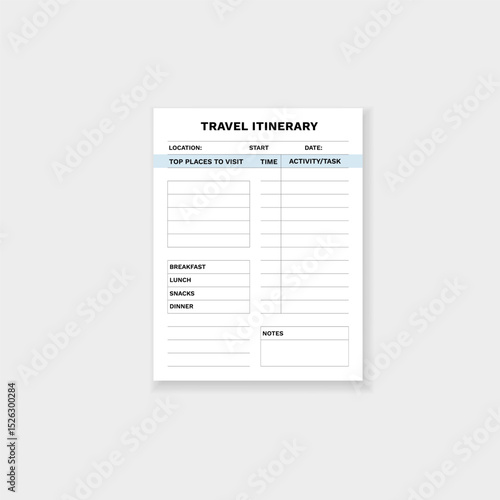 Travel itinerary template with sections for destinations, times, activities, meals, and notes.