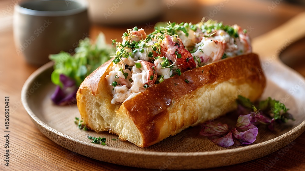 Lobster Roll with Fresh Herbs and Creamy Filling Served on a Wooden Plate Lobster Roll with Fresh Herbs and Creamy Filling Served on a Wooden Plate