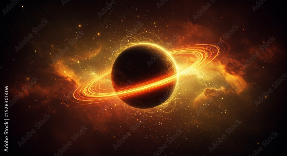 Fototapeta premium Planetary ring system in fiery nebula