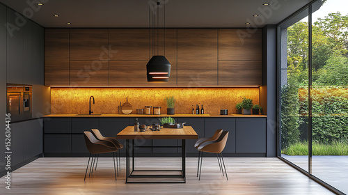 Modern kitchen with two tone cabinets and wooden dining table, featuring sleek design