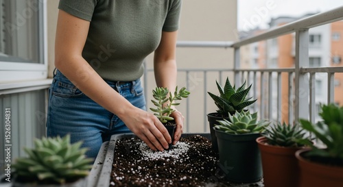 Woman planting succulent in soil with perlite on balcony, urban gardening