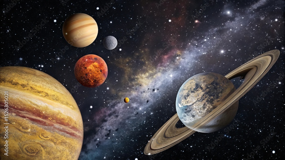 Naklejka premium Otherworldly Star Systemю. A surreal view of an alien star system with glowing planets, mysterious celestial bodies, and colorful nebulae. Perfect for science fiction and cosmic themes.
