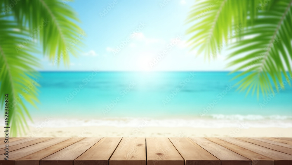 White wooden podium with calmsunny tropical beach and palm leaves in the background White wooden podium with calmsunny tropical beach and palm leaves in the background