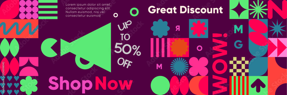 Fototapeta premium Bold and playful discount banner with megaphone, geometric shapes, and bright retail symbols promoting 50% off in vibrant collage style.