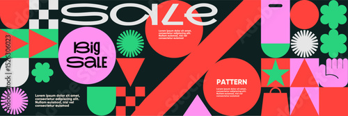 Minimalist big sale background with large percentage symbol, playful text, and modern icons in red, pink, and green geometric vector style.