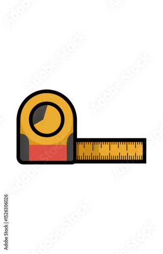 Vector icon of a yellow tape measure with extended measuring blade. Colorful and simple design, isolated on white background. Ideal for construction, carpentry and DIY concepts.