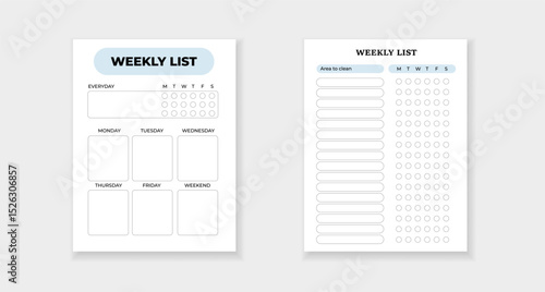 Weekly planner and cleaning checklist forms to help organize tasks and manage time efficiently.