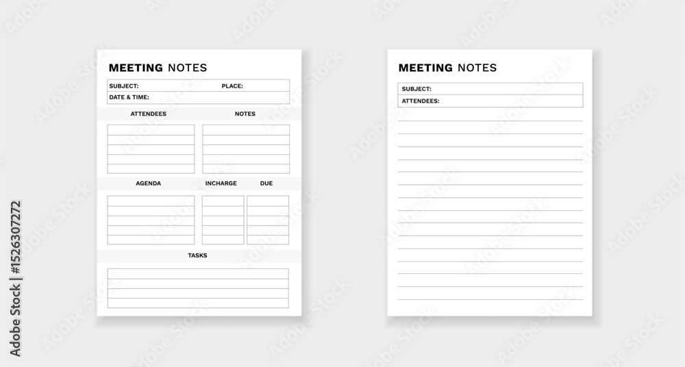 Form for meeting notes. includes sections for agenda, attendees, tasks, and important details. Form for meeting notes. includes sections for agenda, attendees, tasks, and important details.