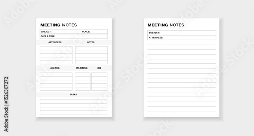 Form for meeting notes. includes sections for agenda, attendees, tasks, and important details.