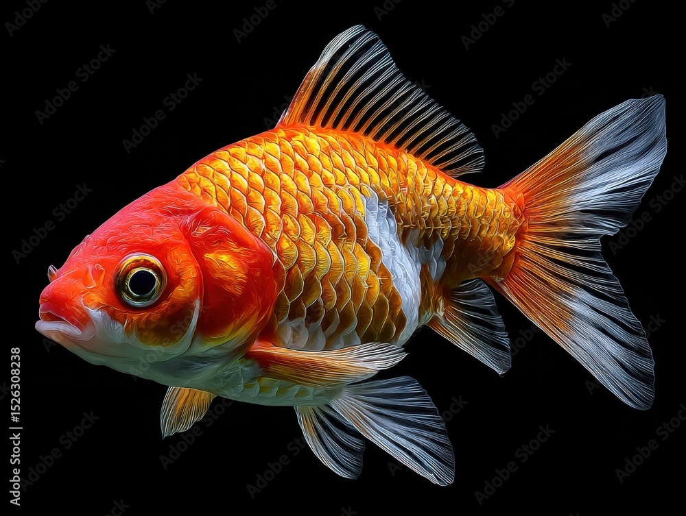 Elegant Goldfish With Flowing Fins on Black Background, Symbolizing Grace and Aquatic Serenity for Pet Product Marketing : Generative AI Elegant Goldfish With Flowing Fins on Black Background, Symbolizing Grace and Aquatic Serenity for Pet Product Marketing : Generative AI
