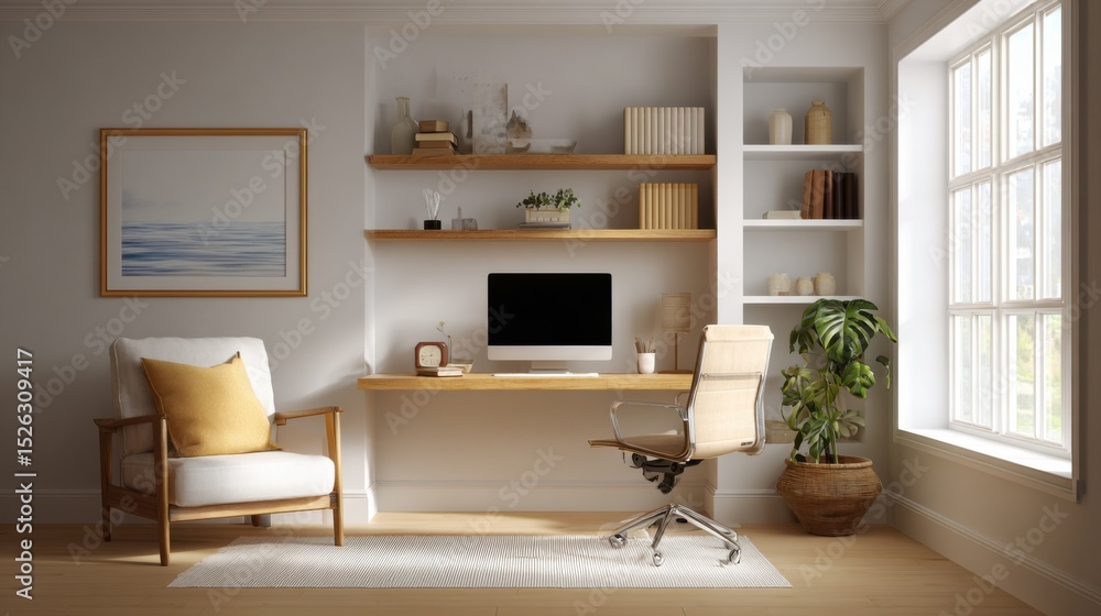 Fototapeta premium Bright Home Office with Computer, Bookshelves, and Ocean View Art, Illustrating Remote Work and Interior Design : Generative AI
