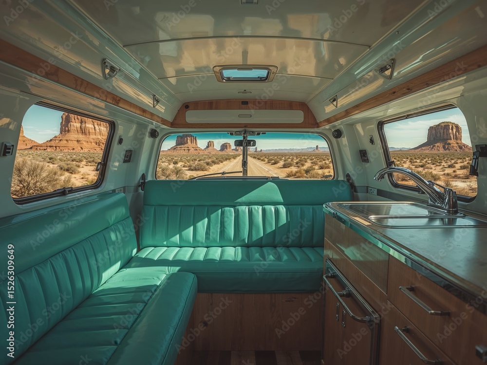 Fototapeta premium Inside a Vintage Camper Van. View of Monument Valley, Utah, Road Trip Adventure.
