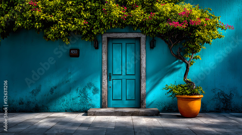 Fototapeta Naklejka Na Ścianę i Meble -  blue door with lush green vine on light blue wall