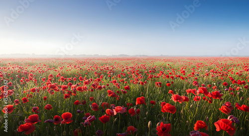 Poppy Field Blooming Under Clear Sky Landscape