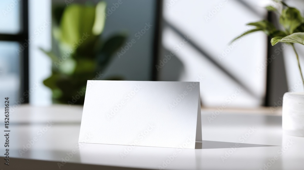 Fototapeta premium Blank White Card on Desk With Plants, Ideal for Invitations and Personalized Greetings, Showcasing Simplicity and Minimalist Design : Generative AI