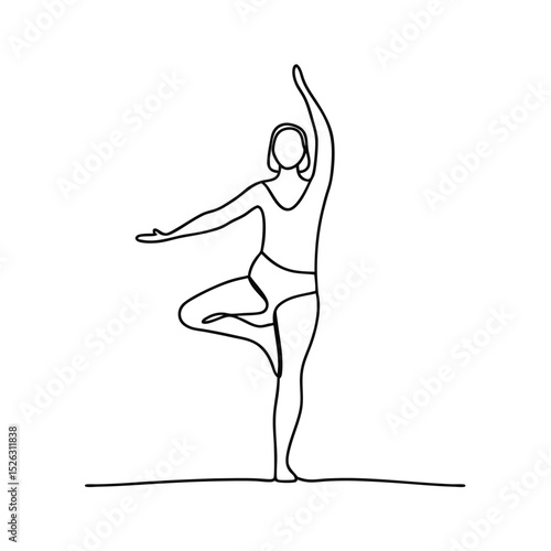Woman practicing yoga tree pose line drawing illustration