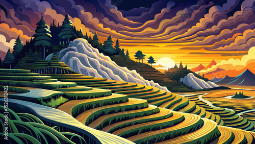 Vector illustration of rice terrace landscape glowing under golden hour sunlight perfect for serene rural scenes, Asian countryside, and eco-tourism themed designs