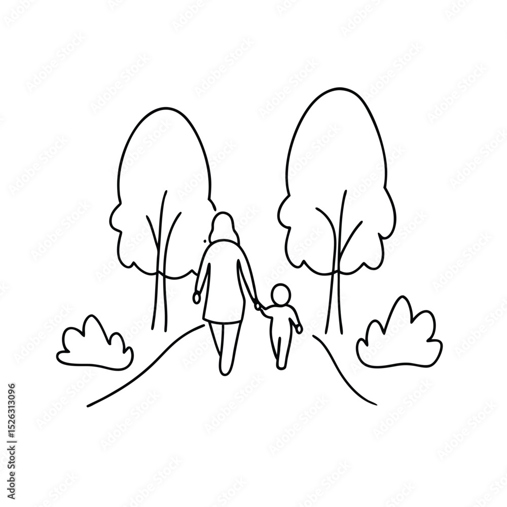 Obraz premium Mother and child walking in park line drawing illustration