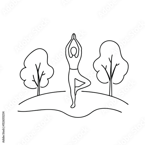 Yoga tree pose line drawing outdoor nature scene