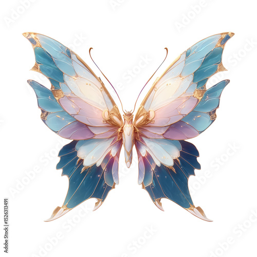 A delicate and beautifully designed butterfly with translucent wings in shades of blue and pink. The wings have intricate, feather-like patterns, giving them a soft, ethereal look.