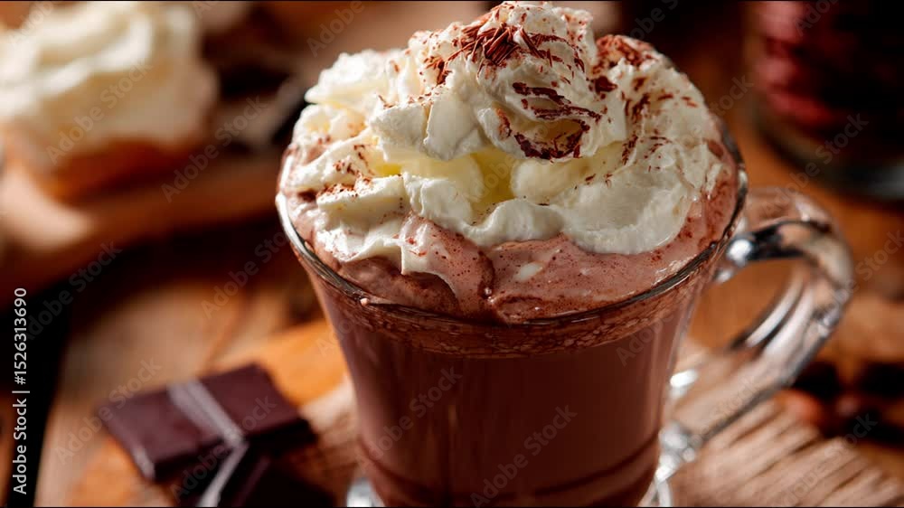 A delicious hot chocolate, topped with whipped cream, cocoa powder in glass. A delicious hot chocolate, topped with whipped cream, cocoa powder in glass.