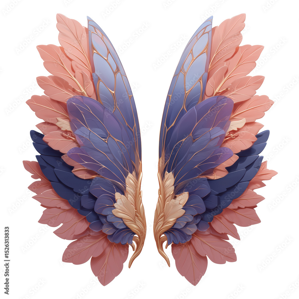 Fototapeta premium A mystical butterfly with intricate, magical wings featuring deep blue, purple, and gold tones, resembling a combination of fairy and butterfly wings. Concept of fantasy, magic, and transformation.
