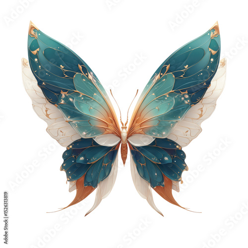 Elegant butterfly with intricate teal and peach-colored wings, featuring delicate gold outlines and a graceful design. Concept of beauty, nature, and delicate transformation