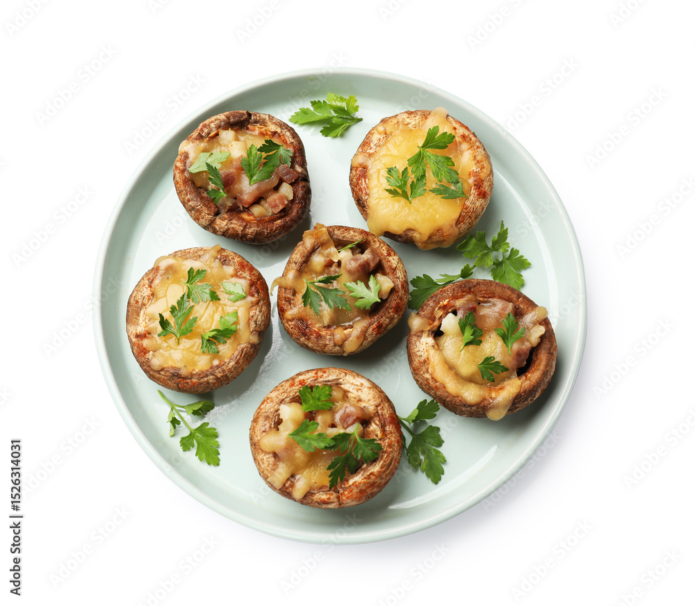 Tasty stuffed mushrooms isolated on white, top view Tasty stuffed mushrooms isolated on white, top view
