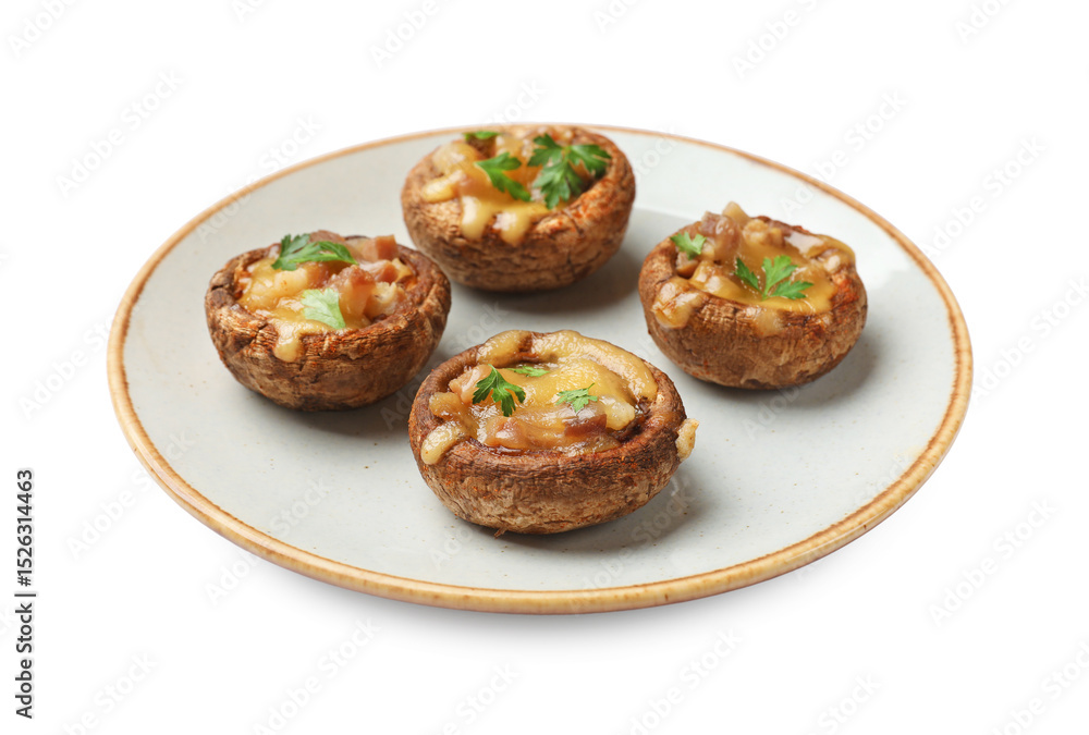 Delicious stuffed mushrooms with melted cheese and parsley isolated on white Delicious stuffed mushrooms with melted cheese and parsley isolated on white