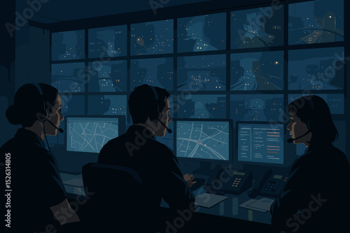 Emergency dispatchers in a dark traffic control room managing city surveillance at night. Team of operators with headsets monitoring highway maps and video wall. Safety concept.