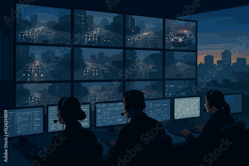 Emergency dispatch team in a traffic control room monitoring city highway surveillance. Operators at computers in a command center track an ambulance on CCTV screens at night.