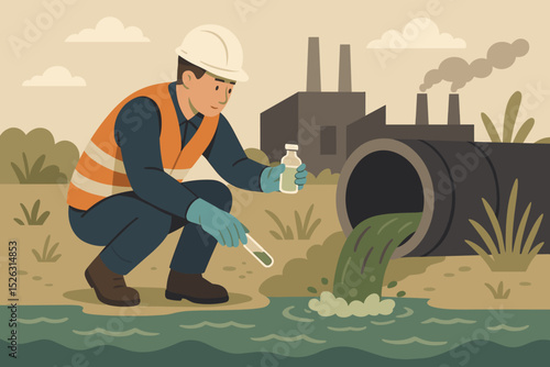 Wastewater quality control concept. Scientist taking a water sample for analysis. Man testing river for pollution from an industrial sewage pipe. Environmental contamination inspection.